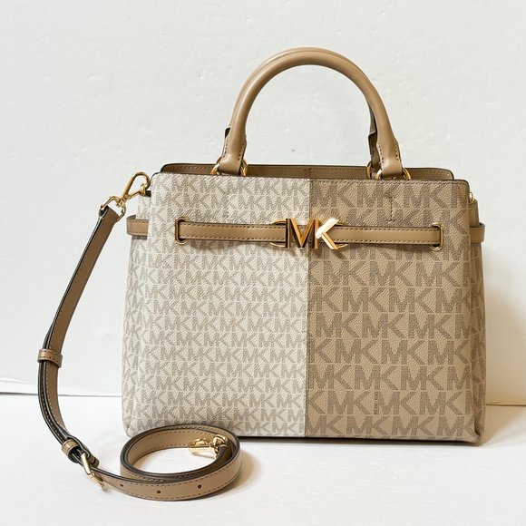 Michael Kors Reed Large Belted Satchel Shoulder Crossbody Bag MK Camel Multi - Picture 4 of 15